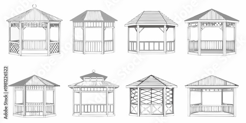 Line art illustrations of various wooden gazebo and pavilion designs
