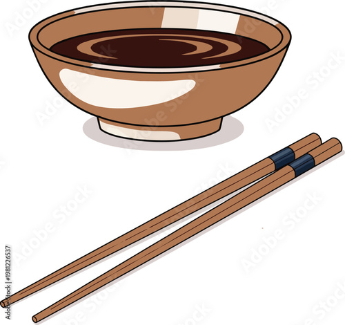 Soy sauce bowl and chopsticks isolated on transparent background vector illustration asian condiment and eating utensils.