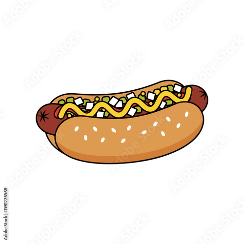 A detailed illustration of a hot dog generously topped with onions, mustard, and relish on a sesame seed bun.