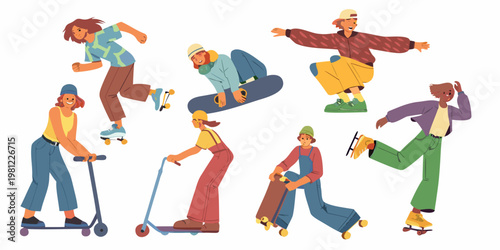 Diverse group of young people enjoying various wheeled sports outdoors