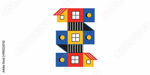 Stylized colorful houses stacked vertically forming an abstract shape