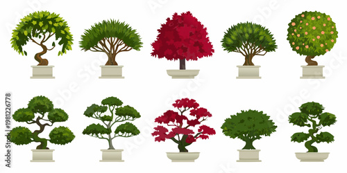 Collection of stylized trees in pots with varied foliage colors and shapes