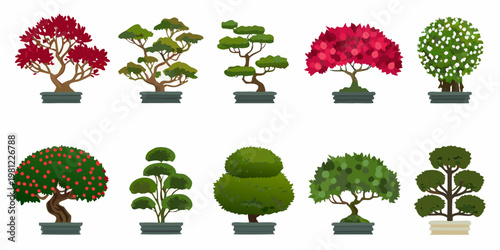Collection of stylized bonsai trees in varying shapes and colors