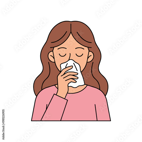 A cartoon illustration of a woman gently blowing her nose with a tissue due to a cold or allergies.