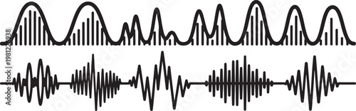 Complex waveform patterns illustrating signal amplitude variations over time Vector