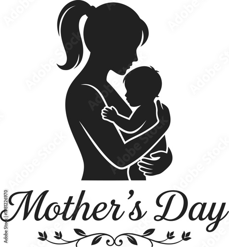 Black silhouette of a mother holding her baby for mothers day on white background