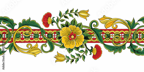 A vibrant floral border design featuring stylized yellow and red blossoms