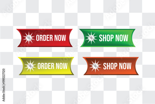 Four colorful web buttons displaying order now and shop now text