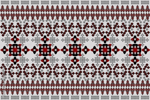 Geometric ethnic pattern in red, black, and gray tones featuring diamond shapes, and traditional textile-inspired decorations. Ideal for fabric prints, backgrounds, and cultural designs.