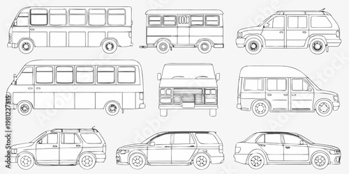 Collection of illustrated vehicles including buses vans and cars in outline