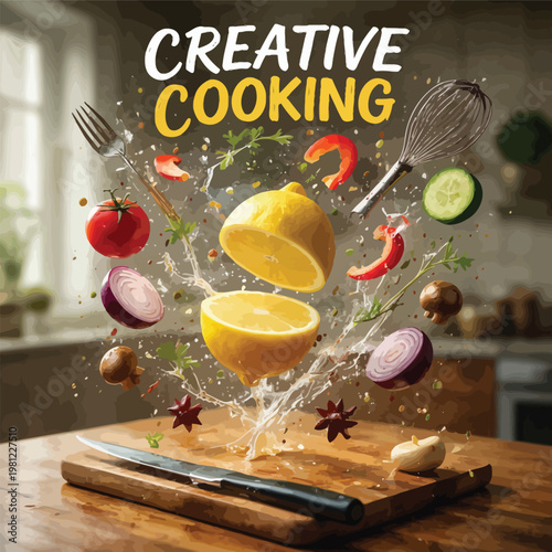 Explosion of fresh cooking ingredients and utensils with water splashes in a modern kitchen setting evokes a sense of creative cooking and culinary energy food photography chopping board creative