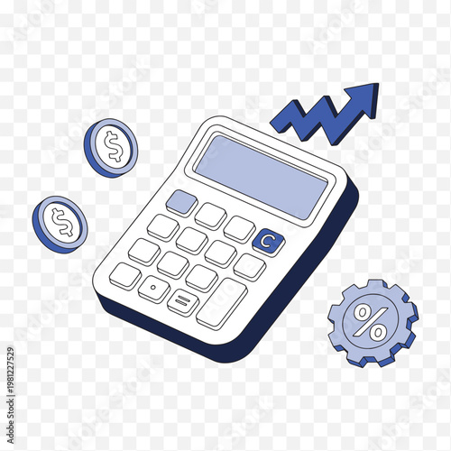 Calculator with coins growth arrow percentage gear symbolizing financial growth and business calculations calculator business currency statistics calculation investment