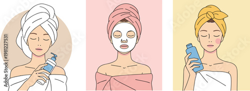 Relaxing and Stylish Skincare Routine Set with Woman Applying Face Mask and Lotion in Spa, Beauty, and Wellness Themed Designs, Vector Illustration