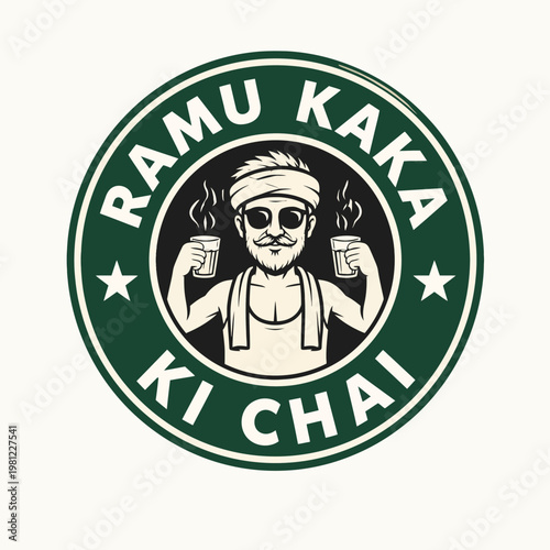 Traditional character with turban and sunglasses holding steaming cups in a circular logo design represents a traditional vendor or establishment selling hot beverages street food small business