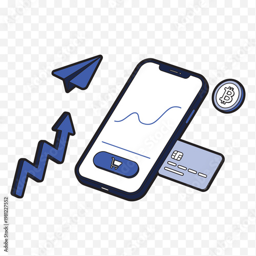 Online shopping and cryptocurrency payment concept with smartphone credit card bitcoin symbol growth arrow mobile payment e commerce digital currency cryptocurrency business