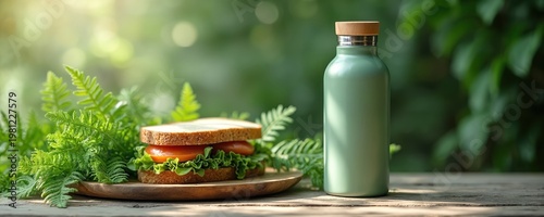 Healthy sandwich and reusable bottle sit on wood table with green plants. Soft natural light makes food look fresh. Enjoying eco meal outdoors in nature on sunny day.