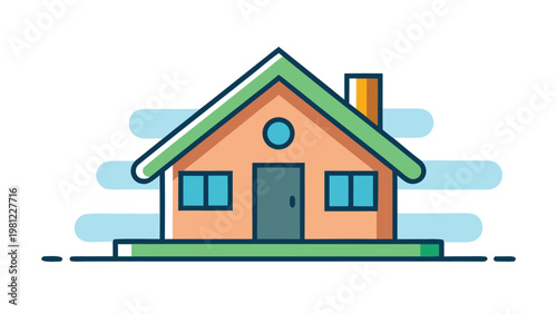 Simple illustration of a small house with a green roof and orange walls, representing home ownership or real estate