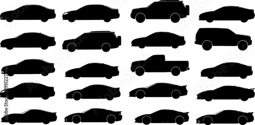 Set of various car silhouettes on white background for design use