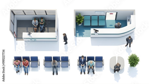 Top View People Waiting in Hospital Reception Architectural CAD Technical Drawing, Healthcare Activity Vector Illustration, Isolated White Background
