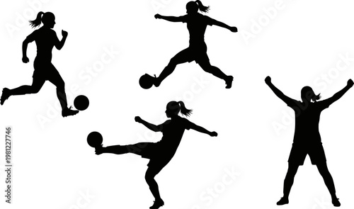 Silhouettes of women playing soccer in various poses kicking ball
