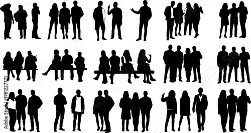Collection of people silhouettes in various poses and interactions on white background