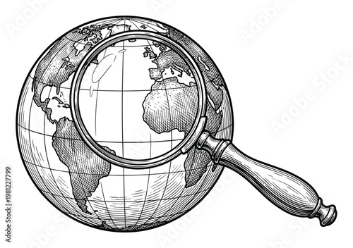 Magnifying Glass Over Globe, Symbolizing Global Research and Exploration