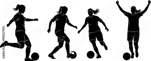 set of female soccer players in different poses kicking and celebrating with balls