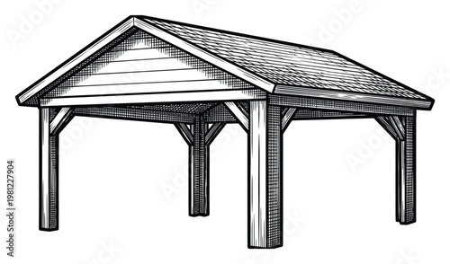 Of a Wooden Carport or Pavilion with Gable Roof