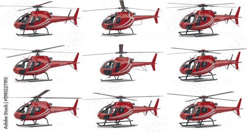 Red Rescue Helicopter Collection with Multiple Angles Detailed Aviation Transport Aircraft Vector Illustration Set for Emergency Service Design