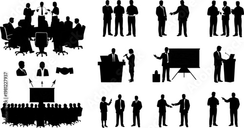 Silhouette of business people in various meeting and presentation settings  corporate communication and teamwork