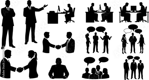 Collection of business people in various office and communication silhouettes on white background