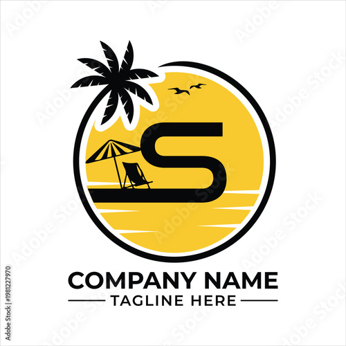 A beach scene with a palm tree and a lounge chair