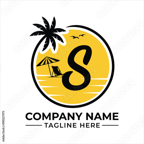 A beach scene with a palm tree and a lounge chair