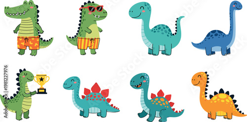 Playful and Colorful Cartoon Dinosaur Character Set with Different Poses and Accessories for Kids, Education, and Fun Themed Designs, Vector Illustration