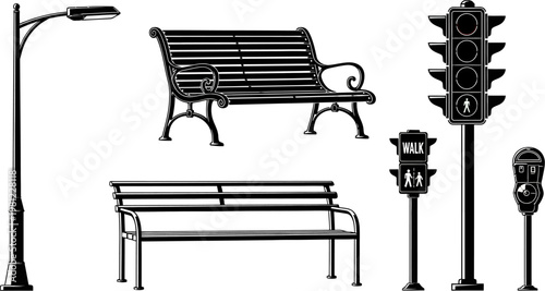 Urban street furniture and traffic signs in black and white illustration for city planning designs