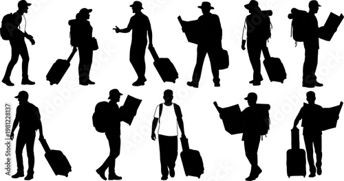 set of silhouettes of people walking with luggage and maps on white background