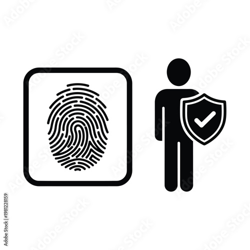 A graphic illustration depicts biometric security featuring a fingerprint scan alongside a person holding a shield high quality professional