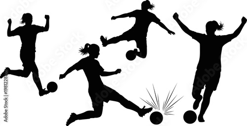 Silhouette of people playing soccer in various poses with balls  dynamic movements