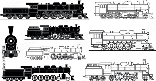 Steam Locomotive Collection with Vintage Railway Engines in Silhouette and Line Art Styles Detailed Transport Vector Illustration Set
