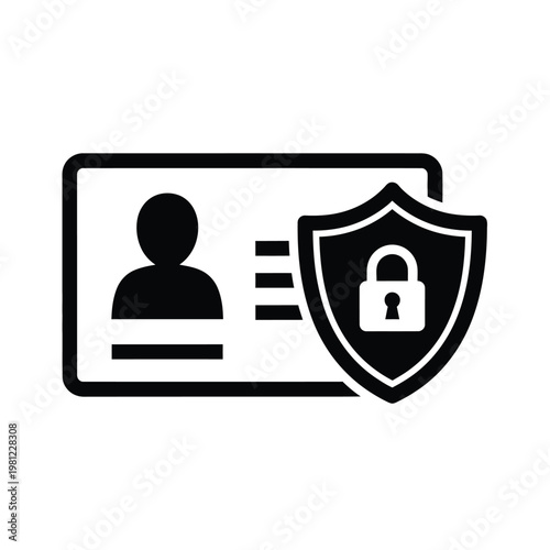 A black and white icon depicting user account security featuring a profile silhouette and protective shield high quality professional