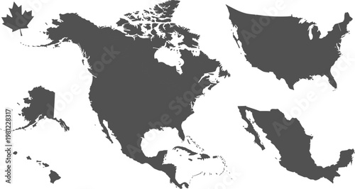 Gray silhouettes of North and South America continents on transparent background