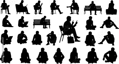 Set of people silhouettes sitting on chair or bench or floor in various positions