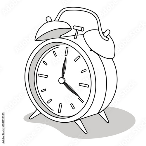 A simple black and white illustration depicts a classic twin bell alarm clock showing approximately ten past ten high quality professional detailed