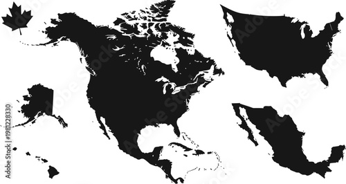 map of north and central america with canada and mexico isolated on transparent background