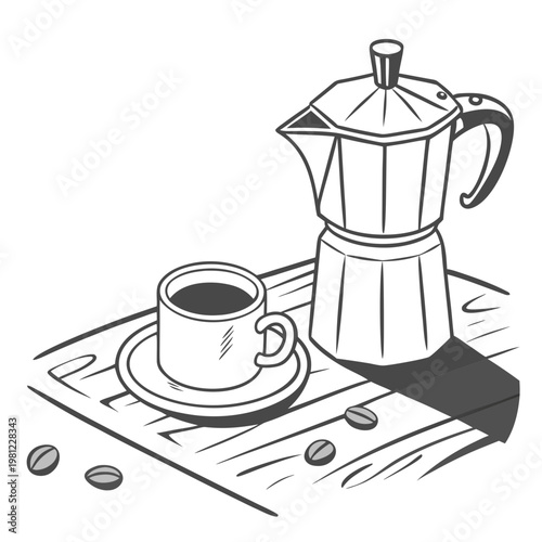 A black and white illustration depicts a moka pot with a cup of coffee and scattered coffee beans on a wooden surface