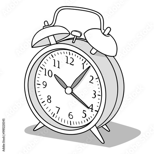 A simple black and white illustration depicts a classic alarm clock with twin bells displaying a time close to ten o clock