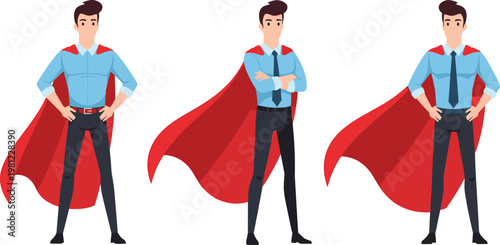 Confident Male Superhero Character Set with Different Poses and Red Cape for Fantasy, Hero, and Empowerment Themed Designs, Vector Illustration