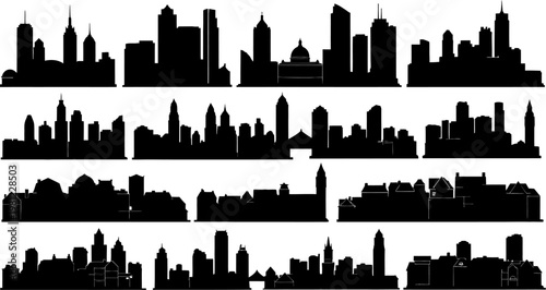 set of city skylines with various building silhouettes on white background