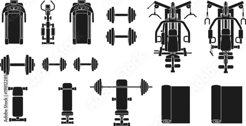 black silhouettes of various gym equipment on white background