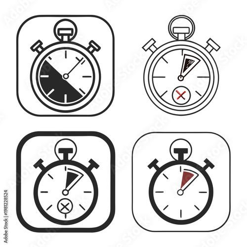 A set of four black and white stopwatch icons showcases different states of timing including active paused and finished states high quality